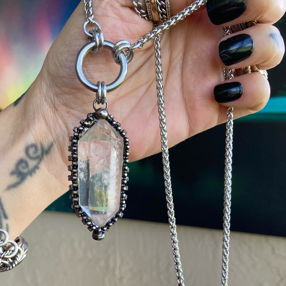 Natural Crystal quartz black electroplated boho goth stainless steel necklace - Picture 15 of 15